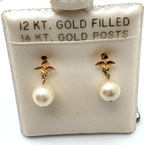 Vintage 14K Gold Post 12K Gold Filled Faux ? Pearl Drop Earrings Gift - Picture 2 of 4